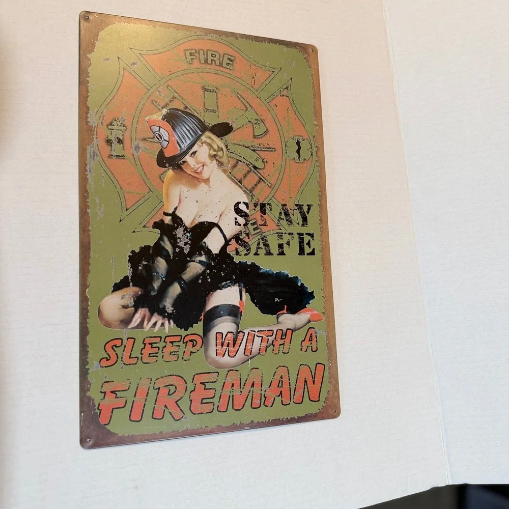 Vintage Style Firefighter Pin Up Girl Metal Sign Sleep With A Fireman 12x17